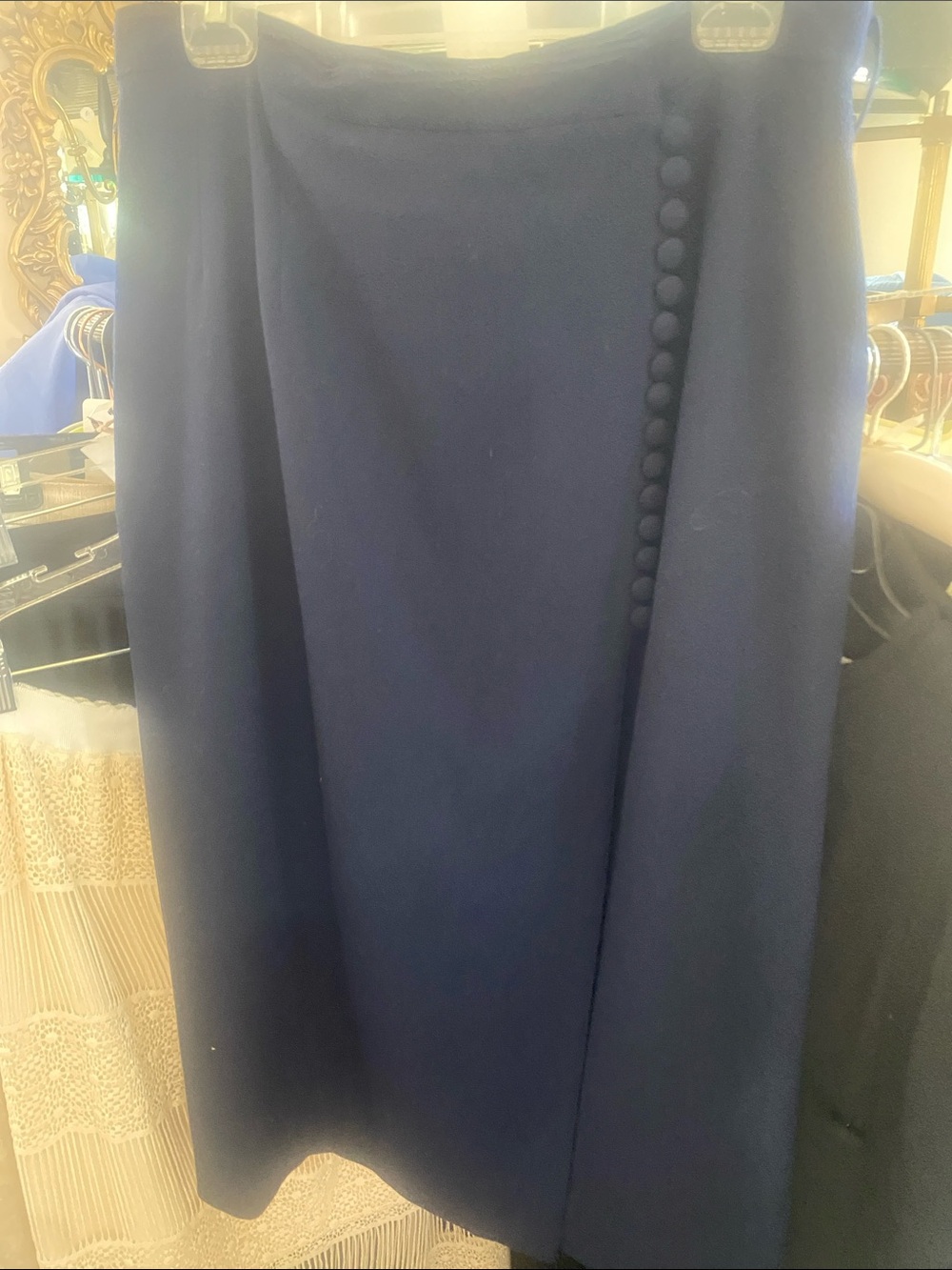 Vintage Navy Wool Crepe Wrap Midi Skirt with Covered Button Detail